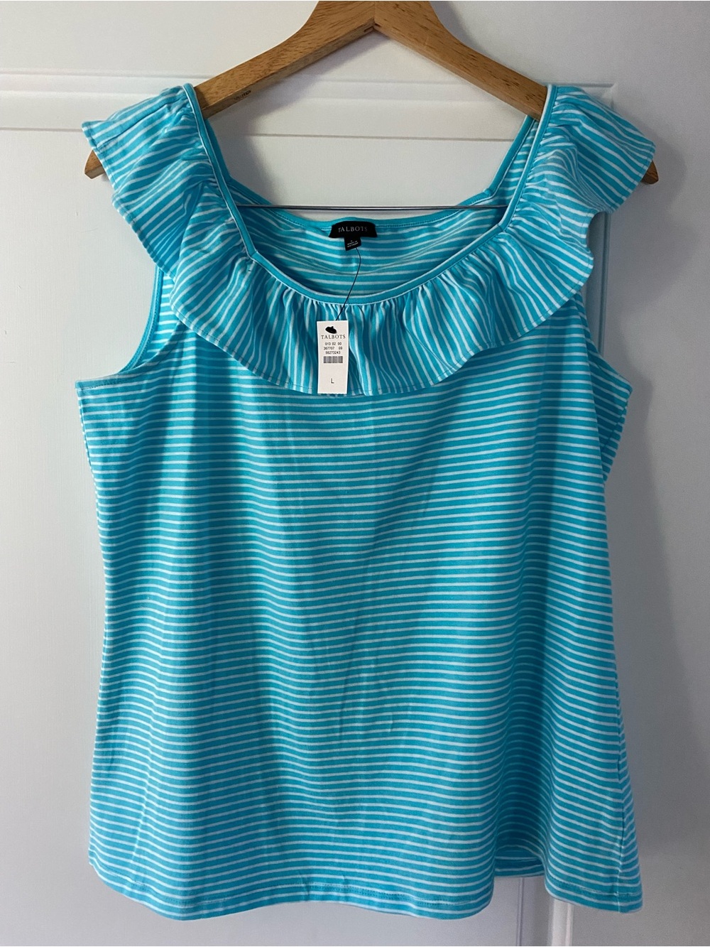 Talbots Turquoise and White Striped Ruffle-Neck Tank